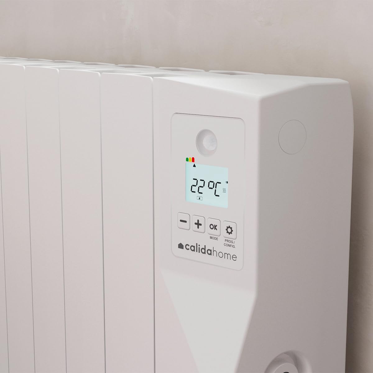 CálidaHome Sentinel 1800W – Emisor térmico eléctrico (12 elementos) con fluido de alta transferencia 150 W/elemento, con detector de presencia – Alta potencia para estancias de 18–23 m²