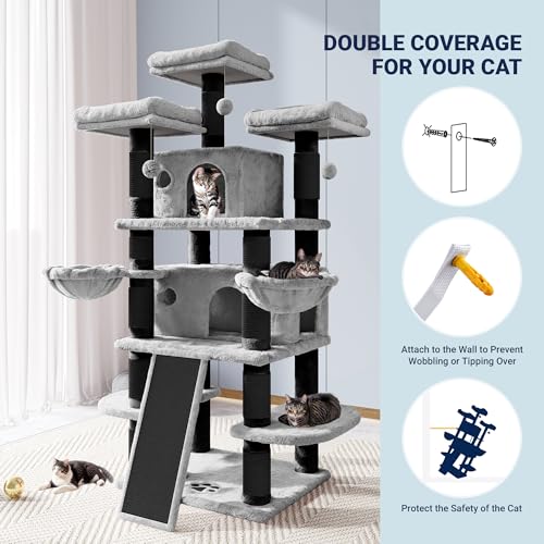 Image of Allewie 68 Inches Cat Tree /House and Towers for Big Feline /Scratching Post /Multi-Level Large Kitty Climbing Tree with Condo /Black & Grey