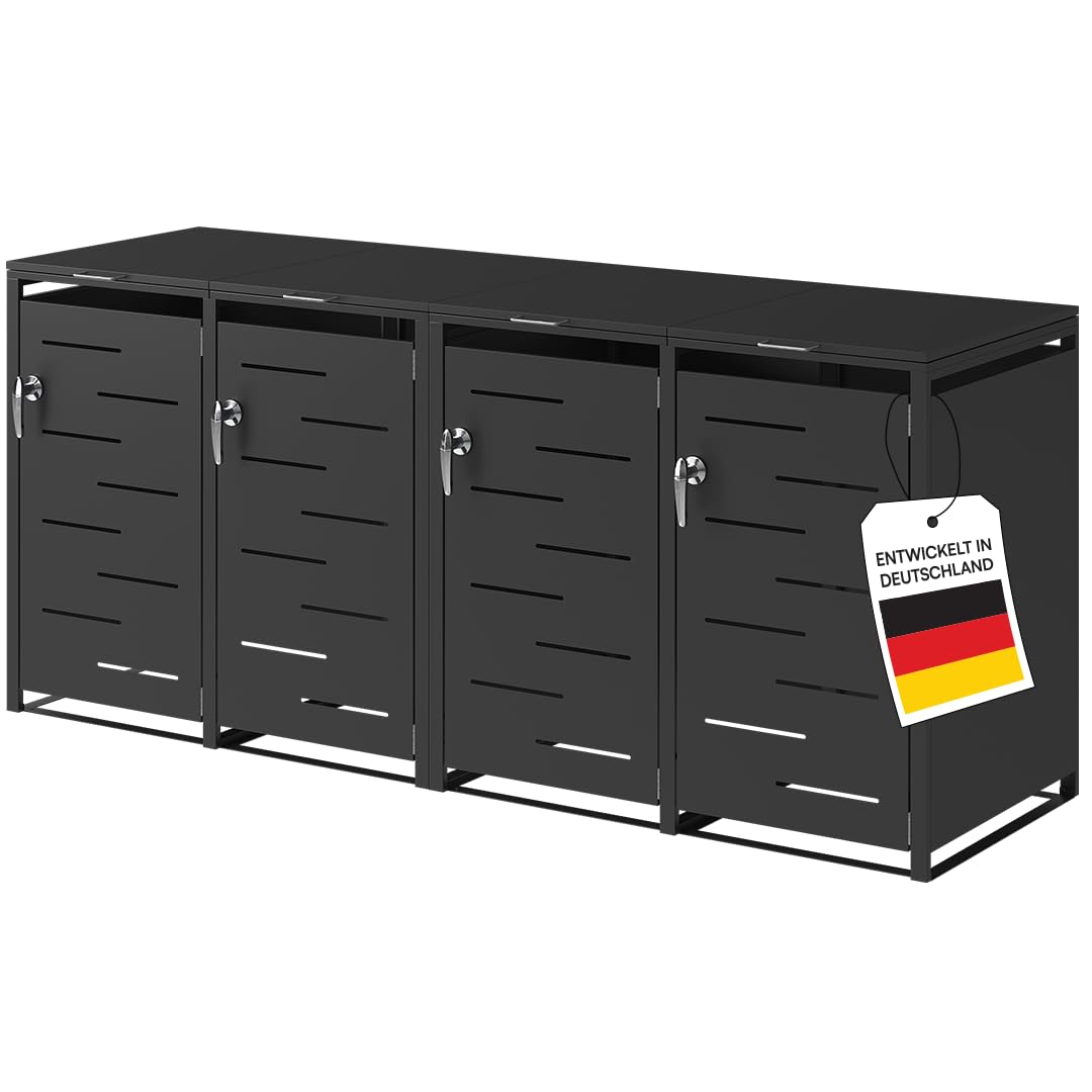 STEELSØN Diorus Mülltonnenbox 4er bis 240L abschließbar – Hochwertige Mülltonnenverkleidung für 4 Tonnen – Müllbox Stahl – Müllcontainer Schwarz - Mülltonnen Box wetterfest – Gerätebox mit Schloss