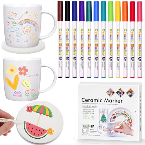 Imagen de PANYI Juego de Pintura Acrílica Resistente al Agua Para Cerámica 12 Colores Acrylic Markers Taza de Café Con asa Adecuado Para Cerámica se Adecuado como Regalo de Cumpleaños Pascua o Día de la Madre