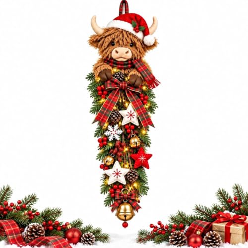 Lighted Highland Cow Christmas Door Swag, 2026 Farmhouse Door Decor - image 6