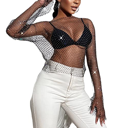 Haut Sexy à Manches Longues Bouffantes en Maille Transparente pour Femme - Chemise Transparente à Paillettes