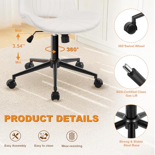 Image of Armless Office Chair, Height Adjustable Desk Chair with Wheels, Ergonomic Comfy 360 Swivel Home Office Computer Task Chair, Faux Leather Padded Cute Vanity Chair, White