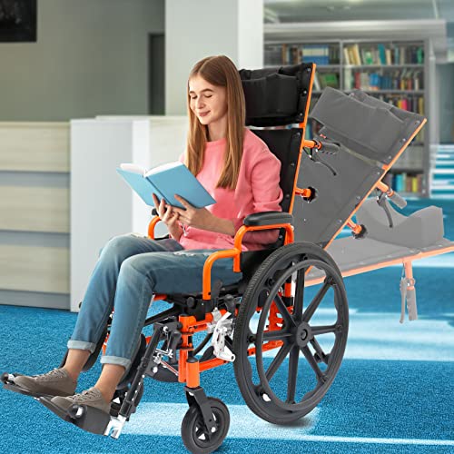 Circle Specialty Ziggo Pro 14" Reclining Manual Wheelchair For Kids, Young Adults. Foldable Design Makes It Easy To Carry And Store. Eye-Catching Colored Steel Frame With Straps & Desk Length Armrest #TOP4