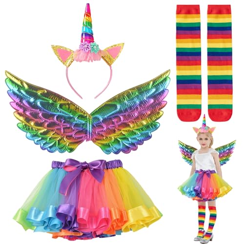LUKIUP 4 Stück Einhorn Kostüm Kinder, Einhorn Kostüm Prinzessin Set, mit Bunter Rock, Bunter Flügel, Buntes Unicorn Stirnband and Bunte Socken, für Unicorn Cosplay Kindergeburtstag Karneval