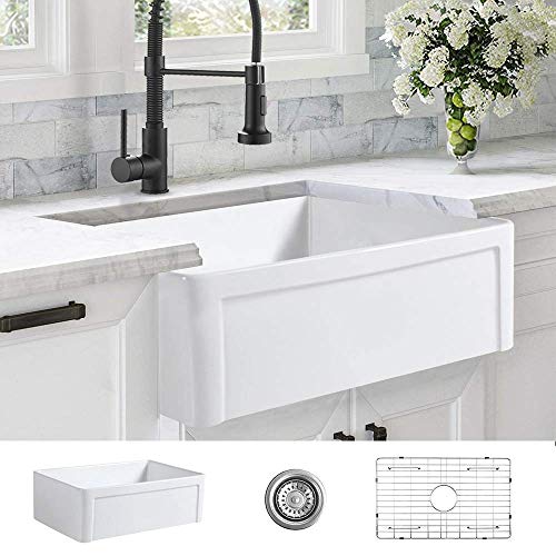 ALWEN 30 inch Fireclay Kitchen Sink Farmhouse Reversiable Single Bowl, Apron Farm White