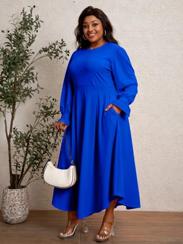 Image of Baczoe Women's Plus Size Long Sleeve Maxi Church Dress | High waist, pockets, stretchy