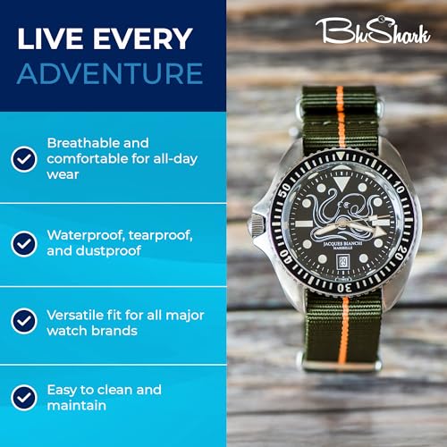 Image of BluShark - Original Collection Military-Style Waterproof Watch Strap, Fits All Timepiece Brands, Durable Nylon Wristwatch Accessories with Stainless Steel Buckle - 18mm, 20mm, 22mm & 24mm Watch Bands