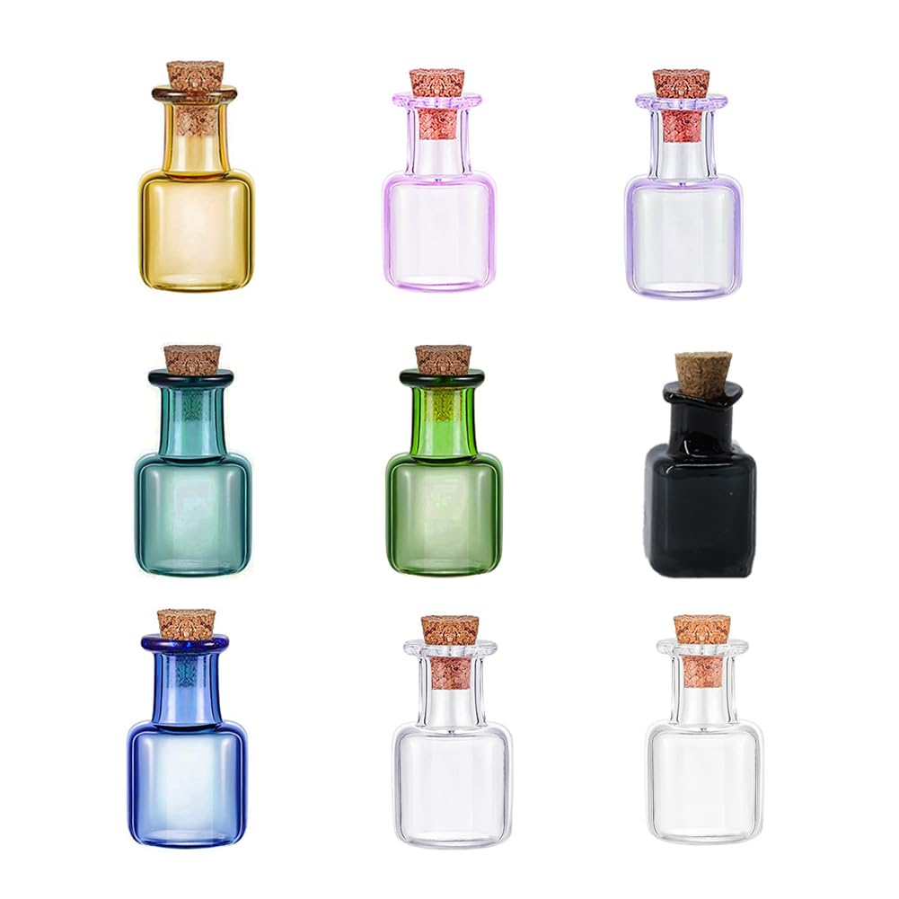 9Pcs Colored Tiny Spell Jars Mini Glass Square Potion Bottles Decorative Cute Wishing Bottles Square Glass Vials with Cork Stoppers for DIY Crafts Decoration Party Favor, 2.5 x 1.4 cm