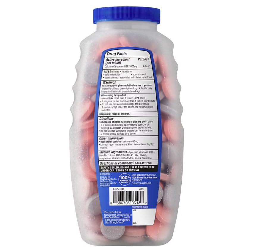 Image of Berkley Jensen Ultra Strength Antacid Chewable Tablets - 1000mg Calcium Carbonate for Heartburn, Acid Indigestion, Upset Stomach Relief - Assorted Berry Flavor - 265 Count
