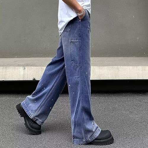 High Waisted Baggy Jeans for Women & Men, Distressed Vintage Blue Wide Leg Denim Trousers with Paint Splatter4