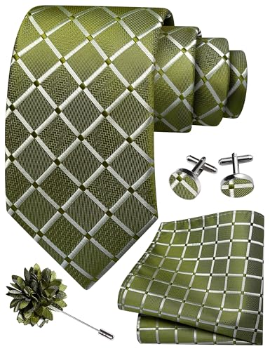 Image of GUSLESON 3.15 inch(8cm) Mens Tie and Lapel Pin Plaid Checkered Necktie Hankerchief Cufflinks Set for Men