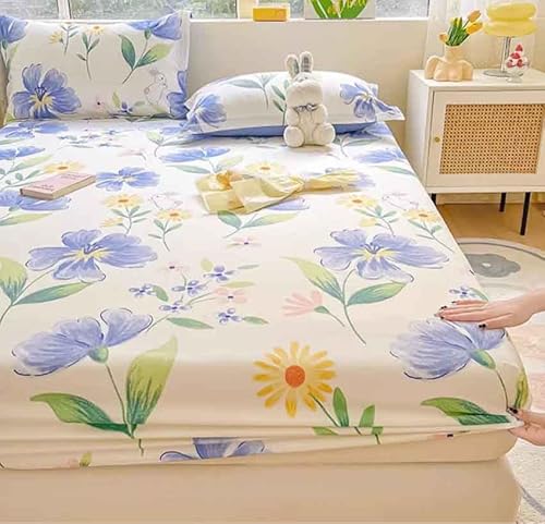 Generic B99 100% Cotton Elastic Bed Fitted Sheet + 2Pc Pillowcases White Blue Flower Print Twin Full Queen King Cal-King Size Bed Cover B99H  thumb #6