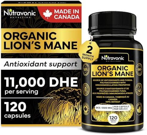Organic Premium Lions Mane Supplement 5550 mg Per Capsule (10:1 Extract, 550 mg, 120 capsules) - 40% Polysaccharides & >20% Beta-Glucan - Lions Mane Mushroom Capsules - Lion Mane Mushrooms for Immune System Support - Source of fungal polysaccharides and antioxidants - Brain Supplement (120 count)
