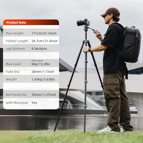 Image of Fotopro 67.3 inch Carbon Fiber Travel Tripod, Professional Heavy Duty Video Tripod with Hydraulic Spherical Pan-Tilt Flip Lock Max Load 22lbs, wih Monopod Phone Clip, X-AIRFLY Max Video