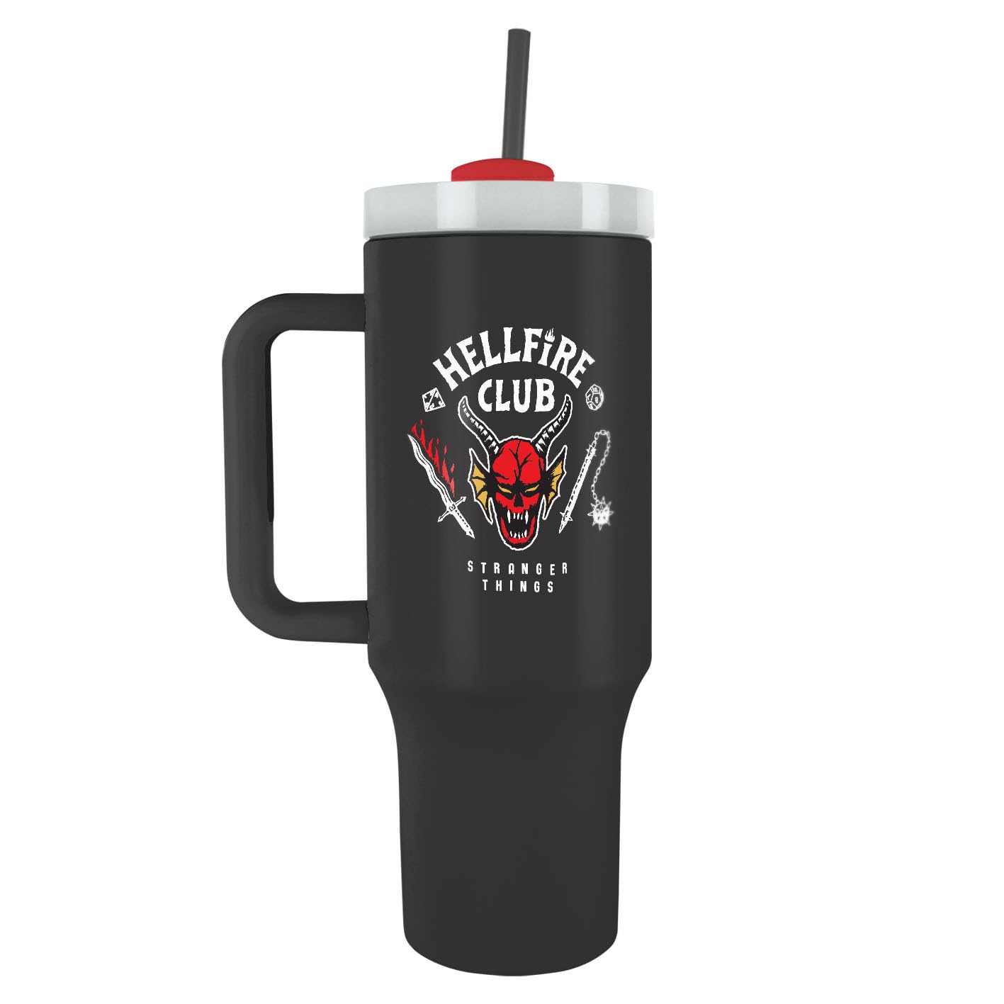‎Pyramid International Stranger Things Hellfire Club, bicchiere da 1200 ml, con cannuccia e coperchio, isolamento sottovuoto a doppia parete, mantiene le bevande fredde fino a 11 ore, calde fino a 7