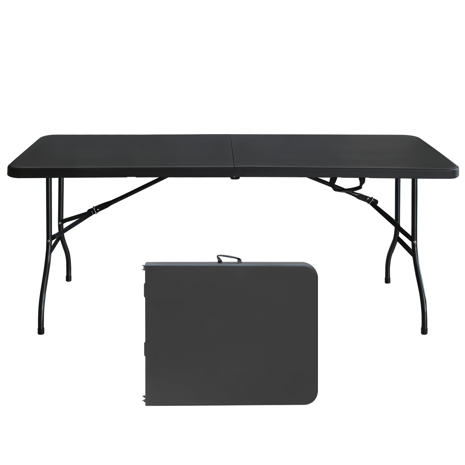 6ft Portable Plastic Folding Table with High Load Bearing, White Outdoor Indoor Camping Picnic Party Table Easy-Fold Design with Carry Handle, Black