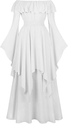Medieval Renaissance Dress for Women Retro Off Shoulder Flare Sleeve High Waist Tiered Dresses Party Dress