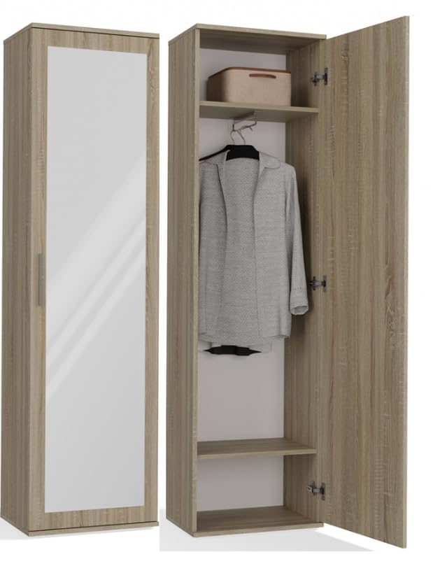 BDW Armoire double avec miroir, penderie moderne, multifonctionnelle, pour couloir, chambre à coucher, chambre d'enfant, 180 x 50 x 35 cm (chêne Sonoma)