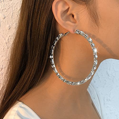 Jumwrit Big Hoop Earrings Sparkle Rhinestone Dangle Earrings Silver Huggie Hoop Earrings Large Circle Earrings Accessories for Women2