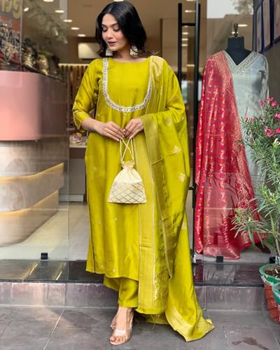 Image of GoSriKi Women's Silk Blend Straight Embroidered Kurta with Pant & Dupatta