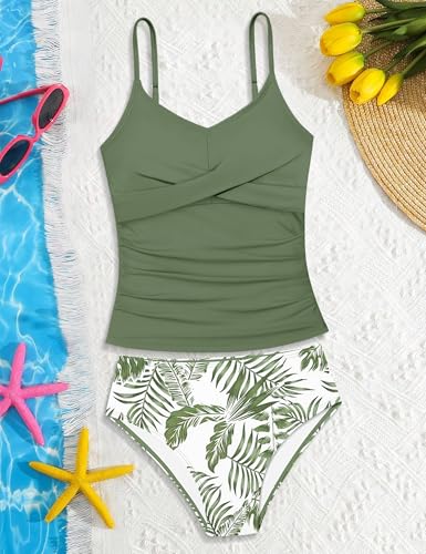 Image of Girls Swimsuit 2 Piece Bathing Suit Criss Cross Ruched Girl Tankini Sets Printed Girls' Swimwear for 9-18 Years