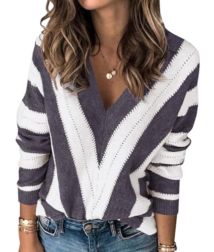 PRETTYGARDEN Sweaters for Women 2025 Long Sleeve Striped Knitted V Neck Pullover Jumper Tops Fall Outfits Fashion Clothing