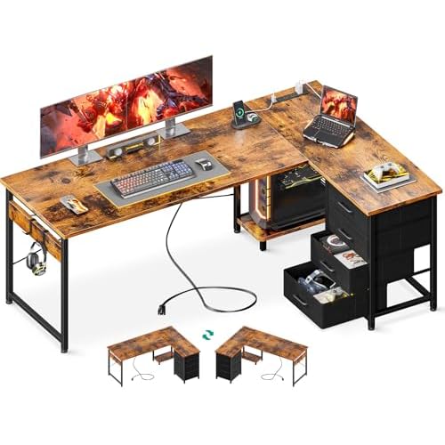 Casaottima L Shaped Desk with 4 Tier Drawers, 61″ Gaming Desk with Power Outlets & USB, Reversible L-Shaped Computer Desk with CPU Stand, Home Office Corner Desk with Storage, Easy Assemble, Vintage