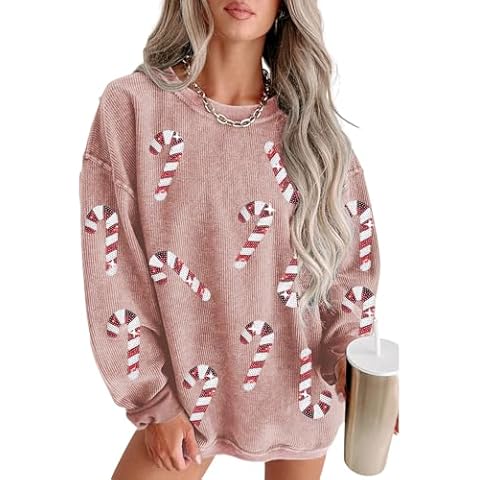 Urchics Crewneck Sweatshirts for Women 2025 Mardi Gras Holiday Corduroy Long Sleeve Sequin Graphic Casual Pullover Tops Cane Candy XL Cover