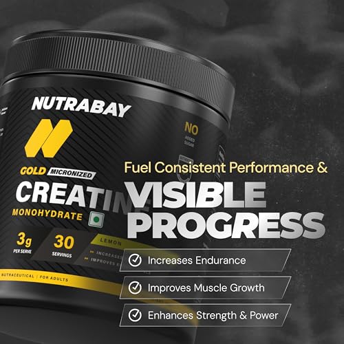 Image of Nutrabay Gold Micronised Creatine Monohydrate Powder 3000 mg Creatine per Serving, NABL Lab Tested - Increases Muscle Mass, Strength & Power - Pre /Post Workout Supplement - 120g, Lemon