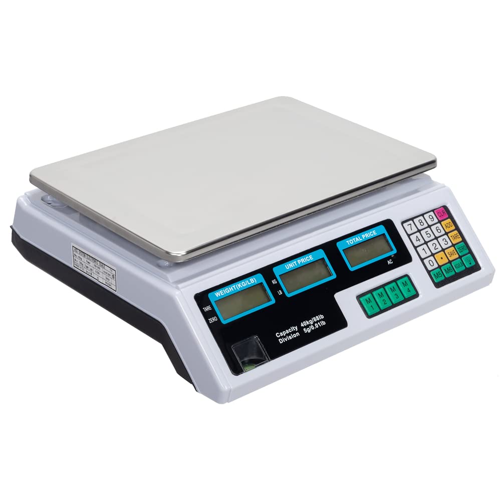 Electronic Commercial Price Computing Scale,40kg/5g Electronic Digital Scales with Charger, Shop Table Scales Retail Scales Parcel Scales for Vegetable Fruit Market (Silver & White)