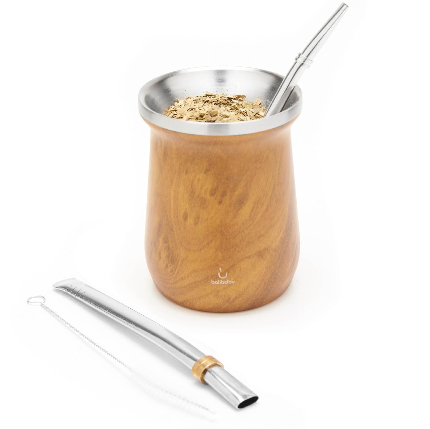 BALIBETOV Yerba Mate Kit - Includes Yerba Mate Cup and Bombilla Set - Stainless Steel Gourd and Bombilla - Easy to clean and maintain (Wood)