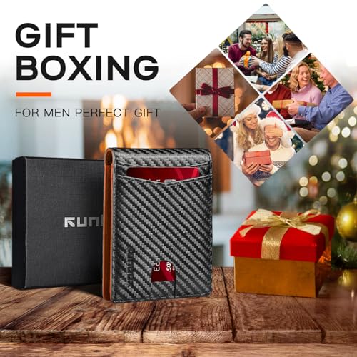 Image of RUNBOX Wallet for Men Slim Leather Bifold RFID Blocking Minimalist Front Pocket Design with Gift Box