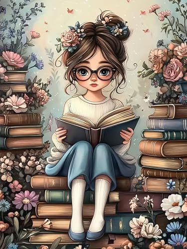 JJBSWYMT 5D Girl Reading Book Diamond Painting Kits for Adults Beginners, DIY Girl Diamond Art Kit,Diamond Dots with Diamond Gem Art and Crafts, Home Wall Decor 12 x 16 Inch