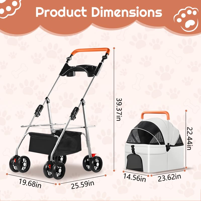 Simcat Haustierwagen für kleine Hunde und Katzen, faltbarer Katzen- und Hundewagen für mittelgroße Hunde mit 360° verschleißfesten Gummirädern Hunde-Reisetasche (Grau)