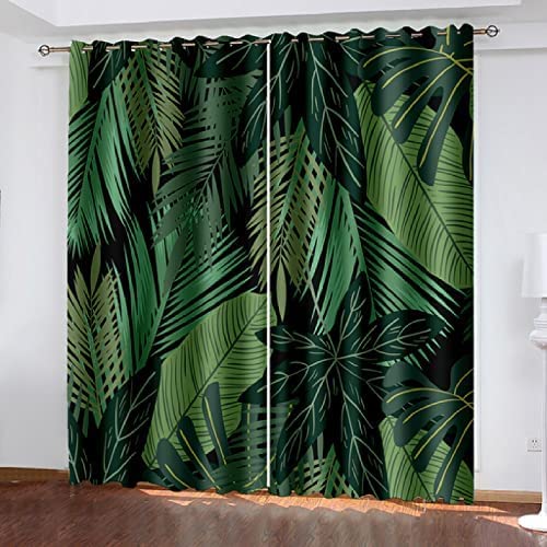 Blackout Curtains For Living Room 280(W) X 180(H) Cm Energy Saving Thermal Insulated Bedroom Eyelet Curtains, Home Nursery Decoration Soundproof Curtains 3D Green Tropical Leaves, 2 Panels -8S2D-G0