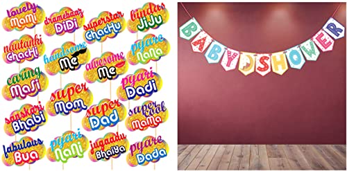 Image of Wobbox All Occasion Indian Family Photo Booth Party Props (18 Pieces) & Wobbox Baby Shower Bunting Banner Multicolor