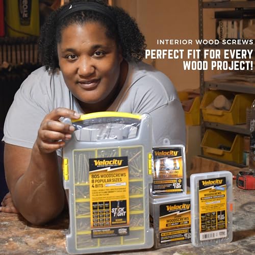 Image of Velocity Interior 1 Inch Wood Screws Contractor Pack (Size #8, 840 Pcs) - Self Tapping Screws with Phillips Bits, Stick Tight Technology, Carbon Steel with Zinc Plating, Durable Storage Organizer