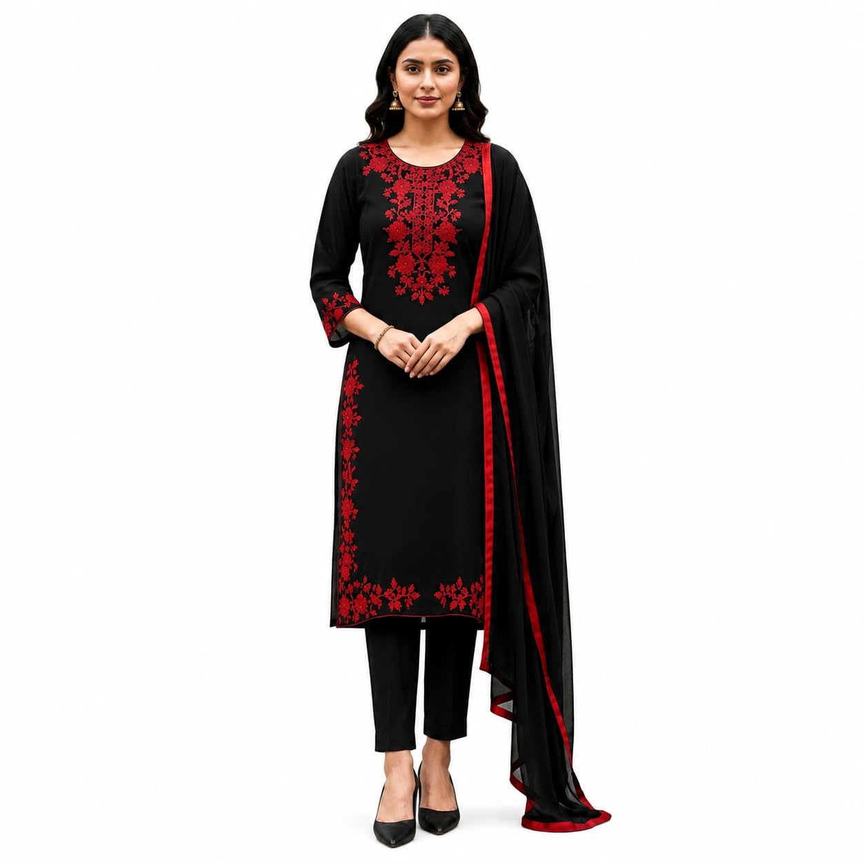 Women's Embroidered Straight Kurta Pant with Printed Dupatta Set | Round Neck Full Sleeve Ethnic Suit Set | Traditional Indian Wear | Green-picture-43