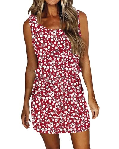 Image of AUSELILY Womens Summer Dress Casual Sleeveless Drawstring Short Dresses | Adjustable drawstring waist for a custom fit, plus 2 side pockets-perfect beach-to-street sundress