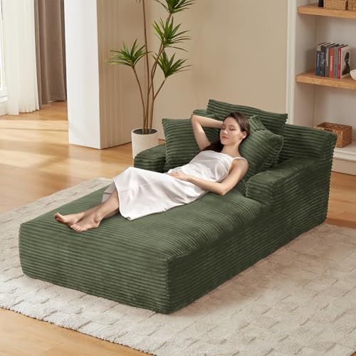 Image of 80 Inch Chaise Lounge Chair Indoor, Oversized Corduroy Upholstered Boneless Sofa Bed, Deep Seat Sleeper Couch Reading Chairs, Cloud Sofas Couches for Living Room, No Assembly Required (Olive Green)