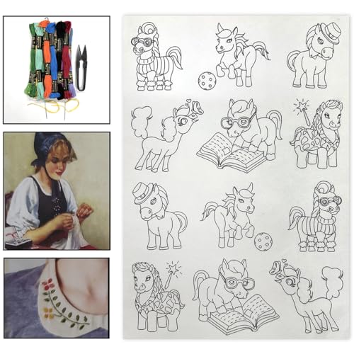 Image of Embroiderymaterial Stick and Stitch Embroidery Patches Patterns, Water Soluble Wash Away Embroidery Transfer Stabilizer Paper with Pre-Printed Unicorn Designs, Threads, Needle & Cutter for Sewing