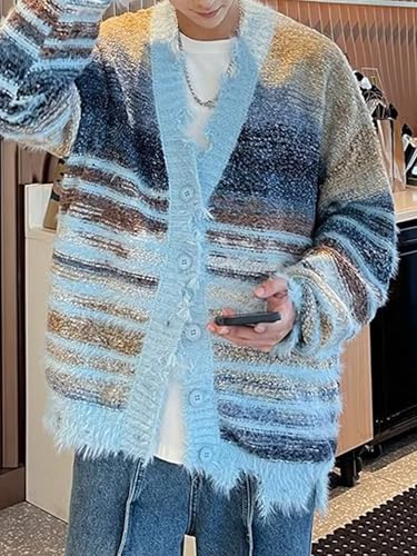 Men's Cardigan Rainbow Striped Knit V-neck Button Muticolor Fashion Placket Knit Sweater Y2K Colorful Top4
