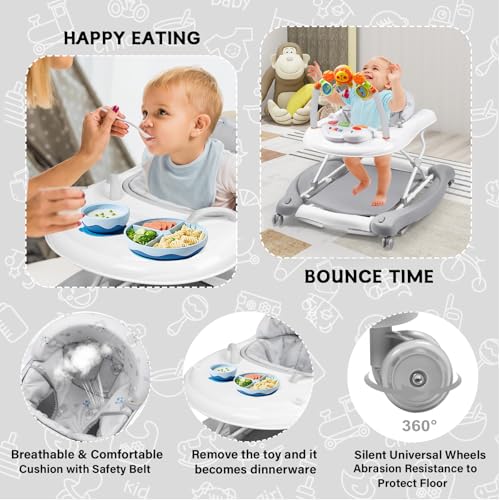Image of Baby Walker, 5 in 1 Baby Walkers for Boys Girls 6-12 Months, Foldable Walkers for Babies with Bouncer & Feeding Tray, Music, Adjustable Heights, Activity Walker for Infant
