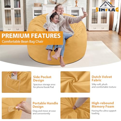3FT Bean Bag Chair, Comfy Bean Bag Chairs with Memory Foam Filled, Fluffy Beanbag Sofa with Dutch Velvet Cover, Round BeanBag Chairs for Living Room, Playroom - Mustard