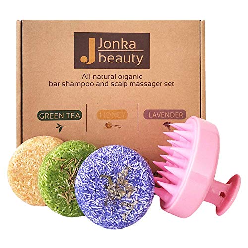 JonkaBeauty Organic Solid Shampoo Bar and Scalp Massager Gift Set l All Natural Shampoo Bar for Hair with Shampoo Brush l Oil Control Anti Dandruff Handmade Bar Shampoo for Hair
