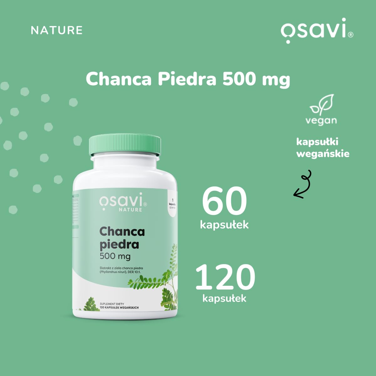 Osavi Chanca Piedra – 120 wegańskich kapsułek | Tradycyjna roślina | Ekstrakt z ziela chanca piedra | 500 mg ekstraktu w jednej kapsułce z 5000 mg Phyllanthus niruri | Clean Label | Dla Wegan