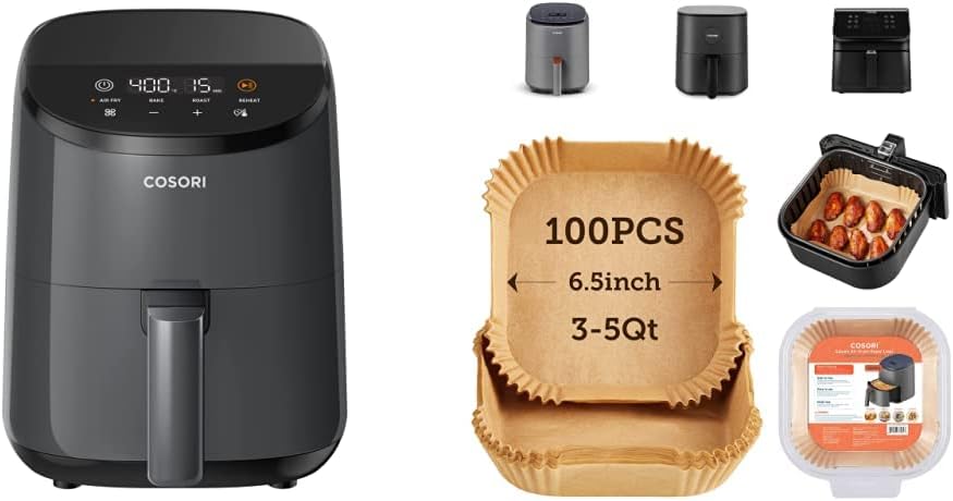 COSORI Small Air Fryer Oven 2.1 Qt, 4-in-1 Mini Airfryer, Space-saving & Low-noise, Nonstick and Dishwasher Safe Basket, 30 In-App Recipes & Air Fryer Liners, 100 PCS Square Disposable Paper Liners COSORI Small Air Fryer Oven 2.1 Qt, 4-in-1 Mini Airfryer, Space-saving & Low-noise, Nonstick and Dishwasher Safe Basket, 30 In-App Recipes & Air Fryer Liners, 100 PCS Square Disposable Paper Liners