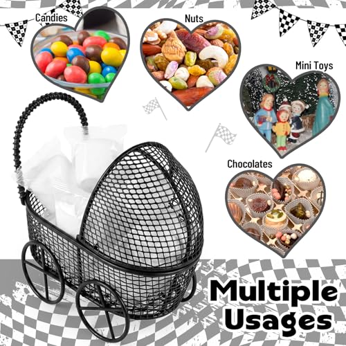 Image of Threehoney 12 Pcs Baby Shower Mini Carriage Decoration Black Metal Wired Fillable Candy Stroller Baby Shower Table Centerpiece for Guest Gender Reveal Wedding Party Favor Gift
