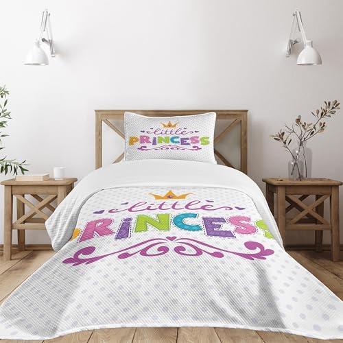 Ambesonne Feminine Bedspread Set, Little Cartoon Lettering on Polka Dot Background Cheerful Illustration, 3 Piece Decorative Bedding Coverlet and 2 Pillow Shams, Twin Size, Fuchsia Green